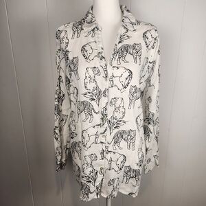 100% Linen Tiger Cheetah Button Shirt Womens L White Black Beachy Resort Coverup